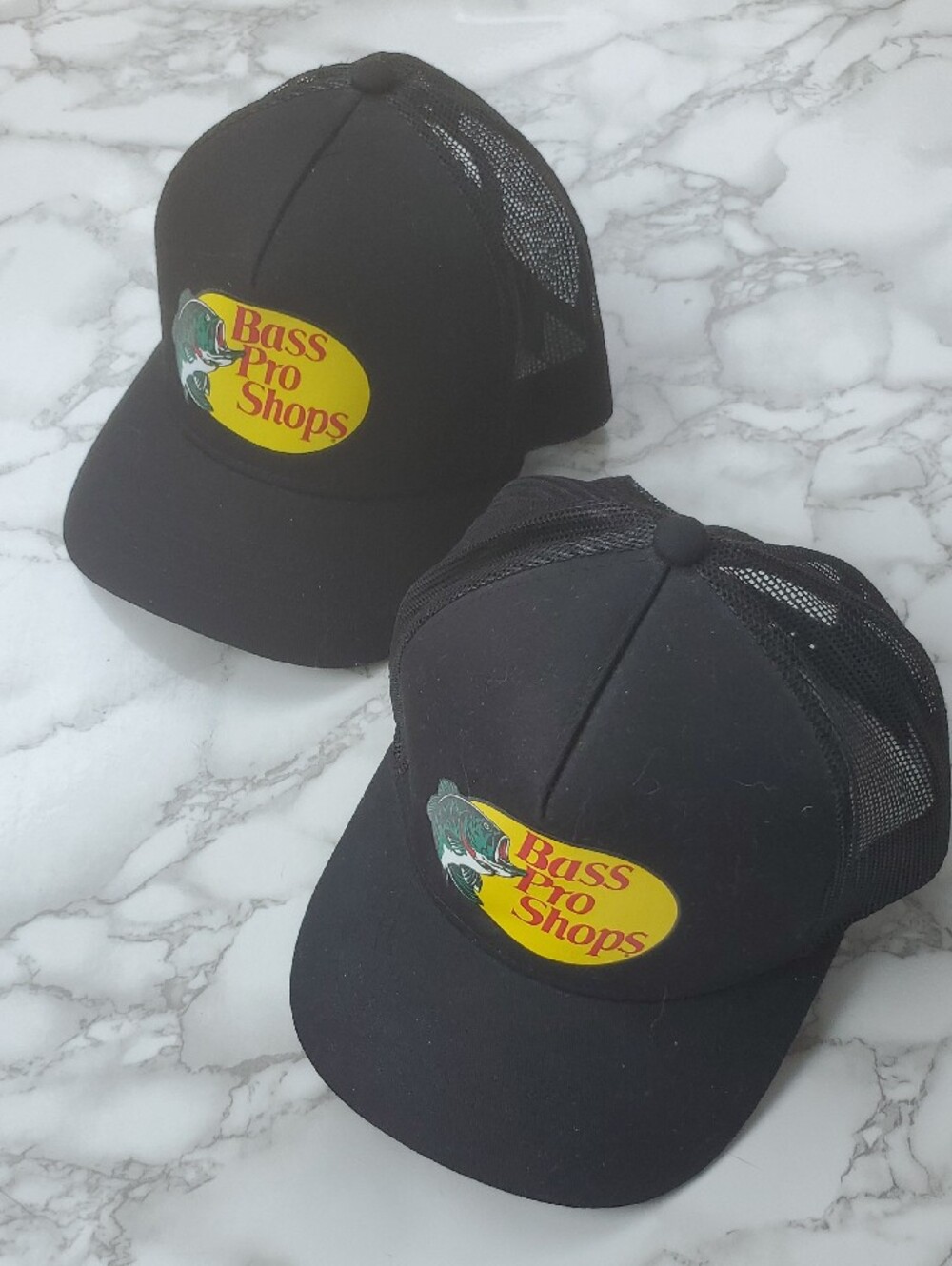LOT OF 2 Bass Pro Shops Trucker Hats Mesh Snapback Black Yellow Logo Set